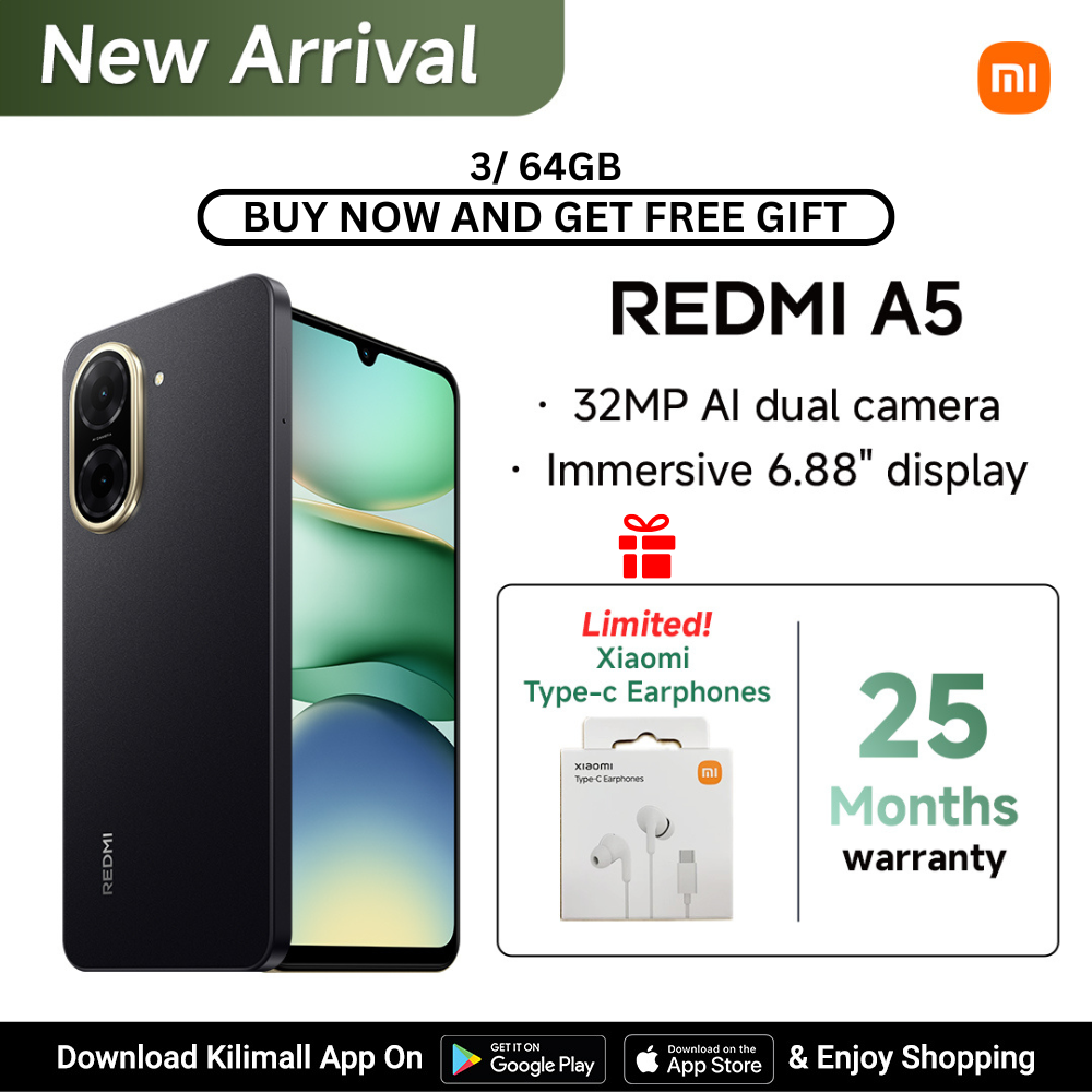 [Latest Arrival !!!] Redmi A5 SmartPhone Display 6.88"  - 3GB Ram + 64GB Rom, Dual SIM ,32MP main camera, 8MP front camera , 5200mAh battery , Side fingerprint sensor , USB Type-C