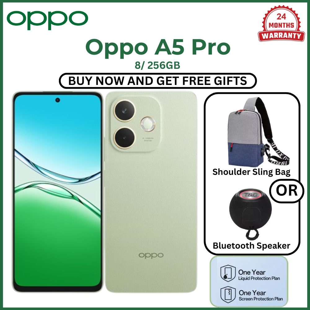 (Anniversary Sale, Free Gifts:Shoulder Sling bag or Bluetooth Speaker))OPPO A5 Pro Display 6.67" - 8GB RAM+256GB ROM , 5800mAh Large Battery ,Dual Sim , IP69 Water and Dust Resistance