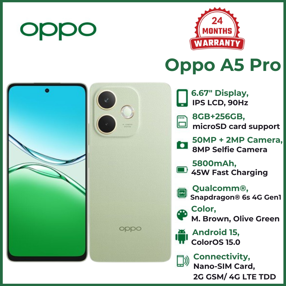 (Anniversary Sale, Free Gifts:Shoulder Sling bag or Bluetooth Speaker))OPPO A5 Pro Display 6.67" - 8GB RAM+256GB ROM , 5800mAh Large Battery ,Dual Sim , IP69 Water and Dust Resistance