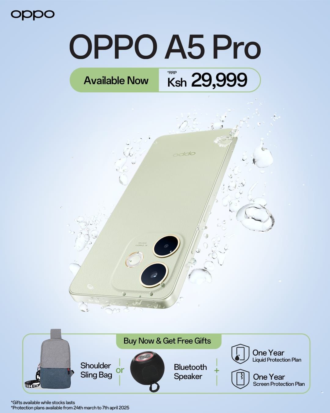 (Anniversary Sale, Free Gifts:Shoulder Sling bag or Bluetooth Speaker))OPPO A5 Pro Display 6.67" - 8GB RAM+256GB ROM , 5800mAh Large Battery ,Dual Sim , IP69 Water and Dust Resistance