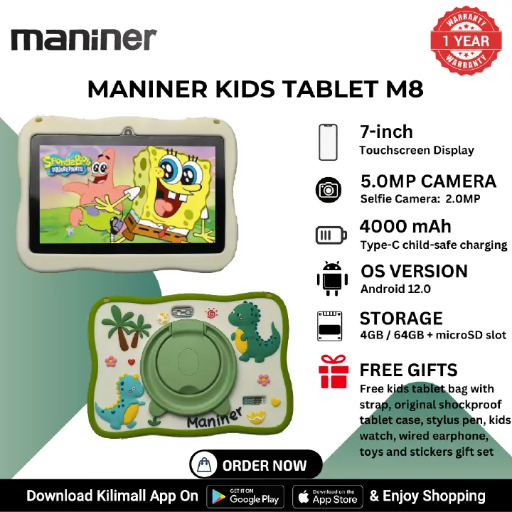 [New Arrival] MANINER KIDS LEARNING TABLET M8 - 4GB + 64GB, Battery 4000mAh, Camera: 2.0MP (front) + 5.0MP (rear) Parental Controls , STEM Apps Shockproof Case Perfect Gift for Ages 3-12
