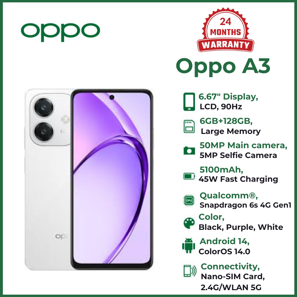 (Exclusive Deal)OPPO A3 6+128GB STARLIGHT WHITE, Battery  5100mAh/19.95Wh