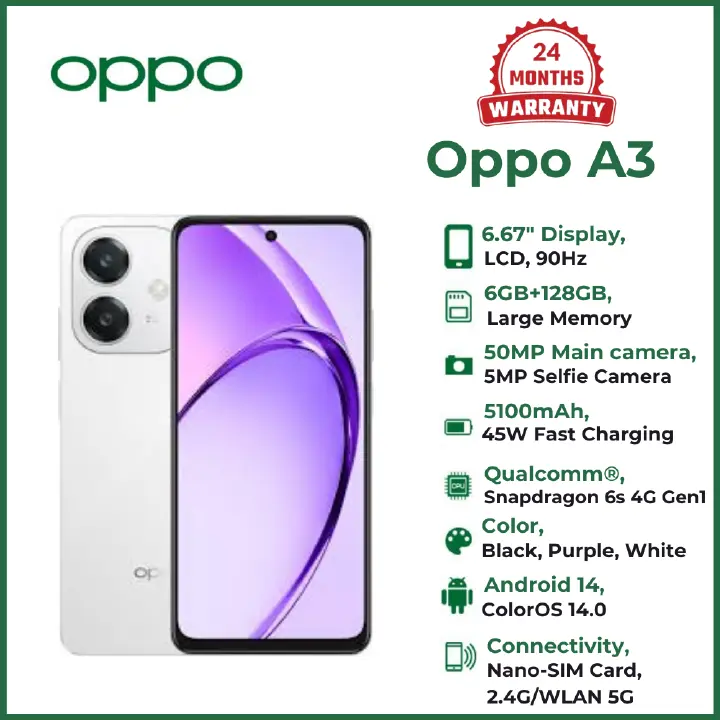 (Exclusive Deal)OPPO A3 6+128GB STARLIGHT WHITE, Battery  5100mAh/19.95Wh