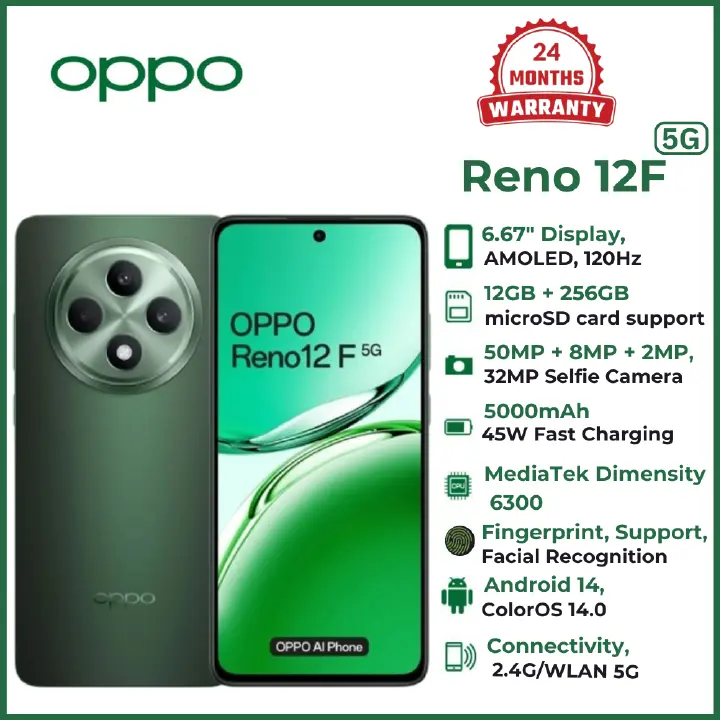 (Exclusive Deal)Brand New OPPO Reno 12F 5G Smartphone,Internal Memory 256GB+12GB RAM, OS Android 14, Battery 5000mAh,50MP Back Camera,32MP Front Camera