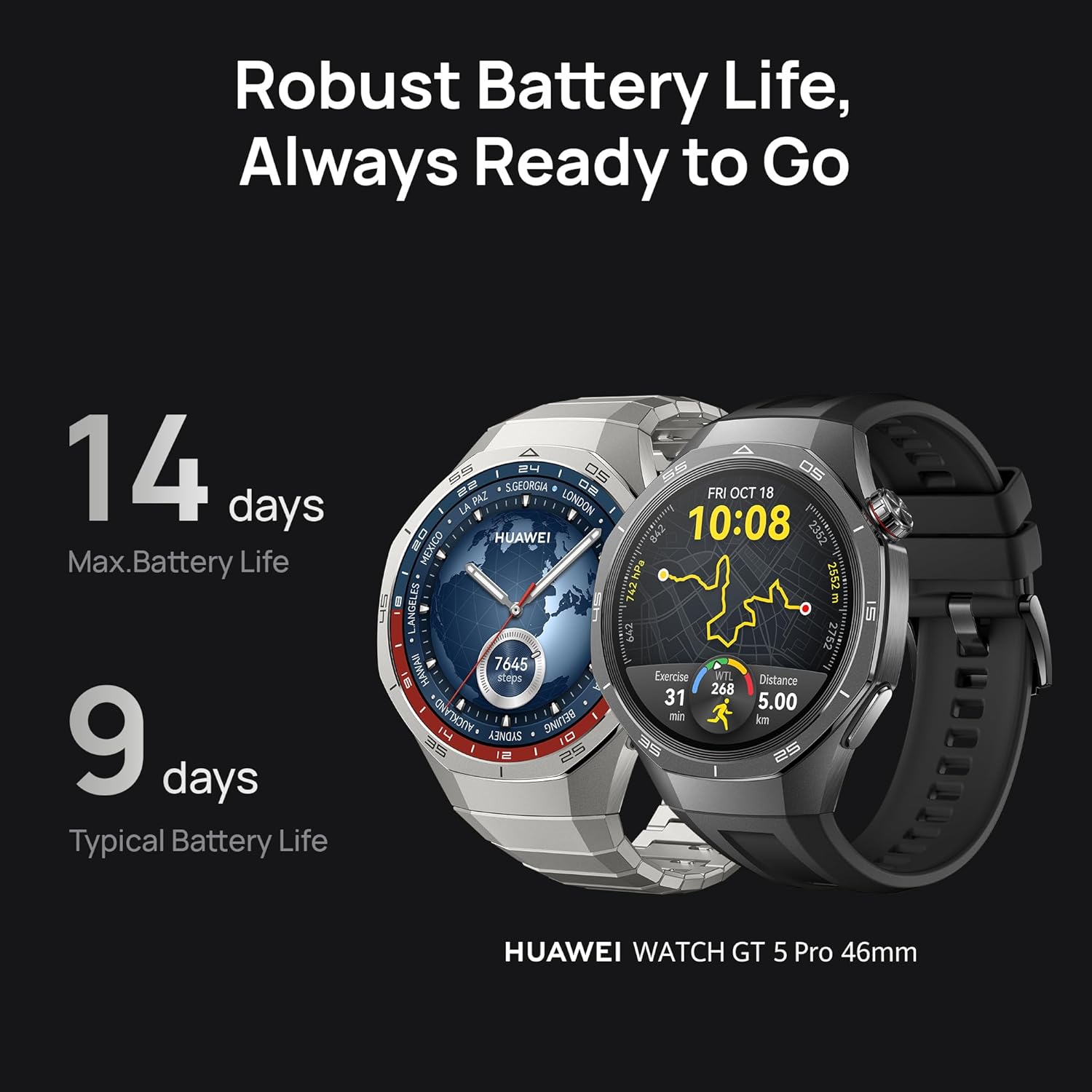 HUAWEI Watch GT 5 Pro 46mm Smartwatch, Rugged Design, 7-Day Battery, Fitness & Health Tracking, iOS & Android Compatible, Black Fluoroelastomer Strap