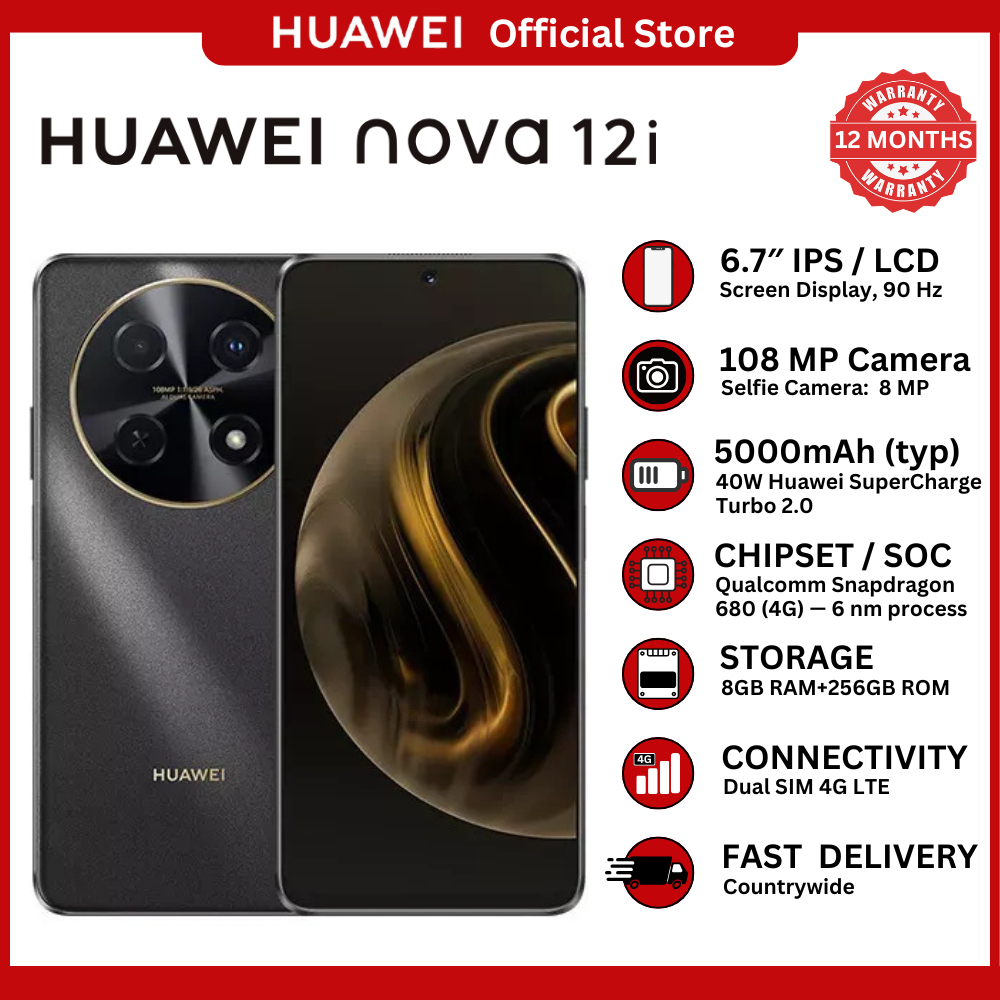 [Special Offer] Huawei nova 12i Smartphone – 6.7” FHD+ 90Hz Display, 108MP AI Dual Camera, 8GB RAM + 256GB ROM, 5000mAh Battery, 40W SuperCharge Turbo, EMUI 14, Side Fingerprint – 4G LTE