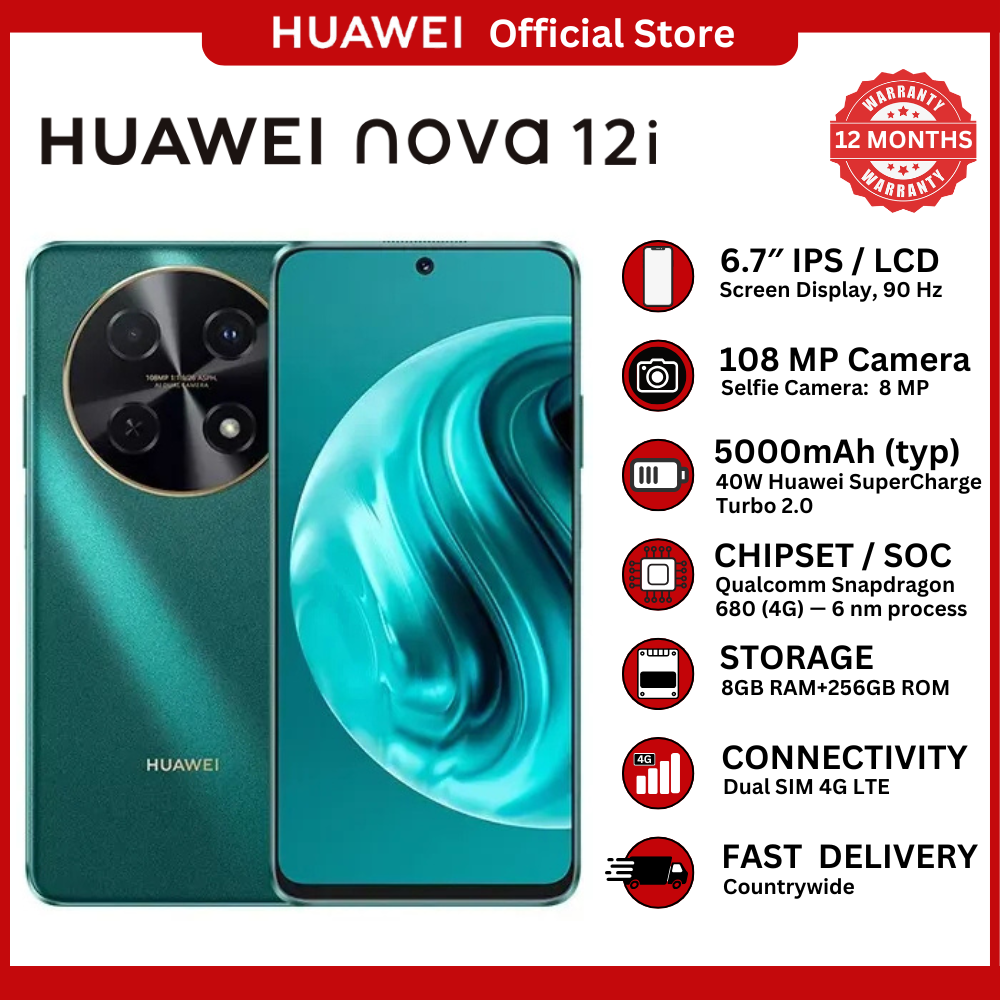 [Special Offer] Huawei nova 12i Smartphone – 6.7” FHD+ 90Hz Display, 108MP AI Dual Camera, 8GB RAM + 256GB ROM, 5000mAh Battery, 40W SuperCharge Turbo, EMUI 14, Side Fingerprint – 4G LTE