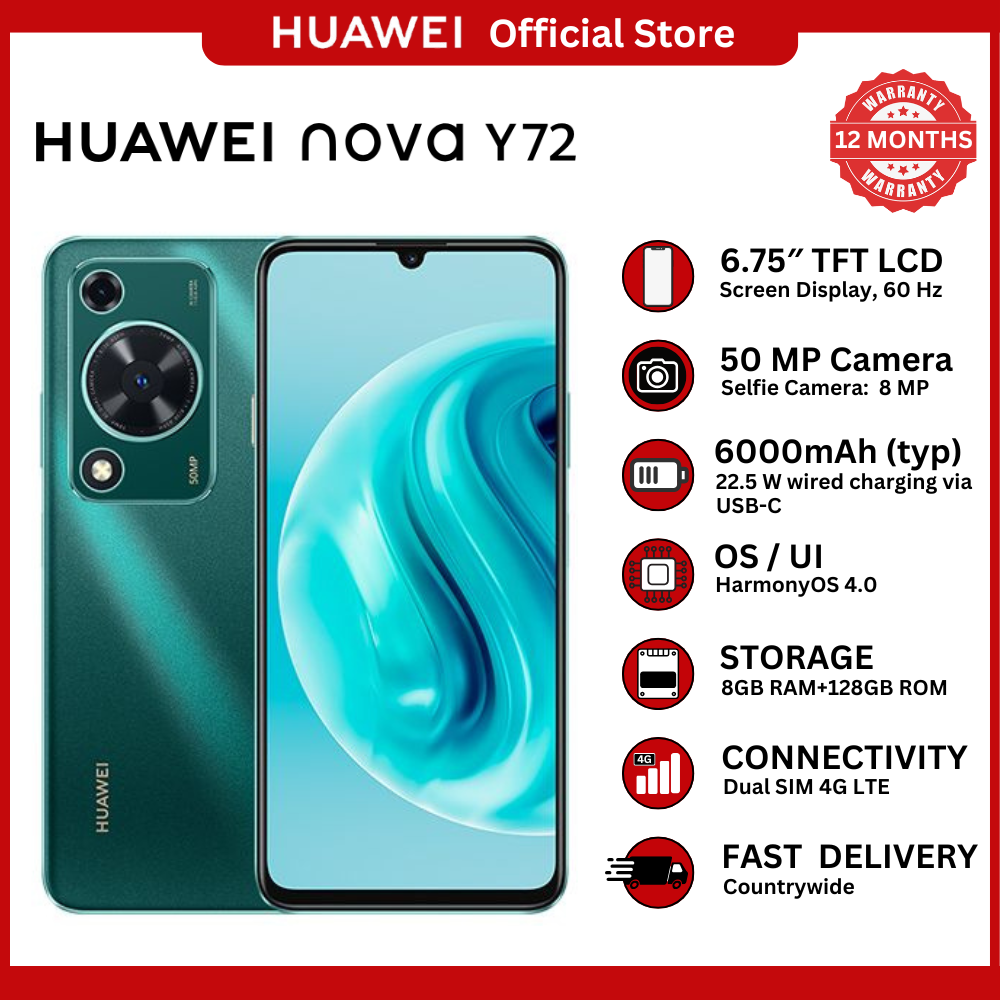[Huawei Official] HUAWEI nova Y72 Smartphone  – 6.75" HD+ Display, 8GB RAM, 128GB Storage, 50MP Triple Camera, 6000mAh Battery, 22.5W Fast Charging, Side Fingerprint, Dual SIM, EMUI