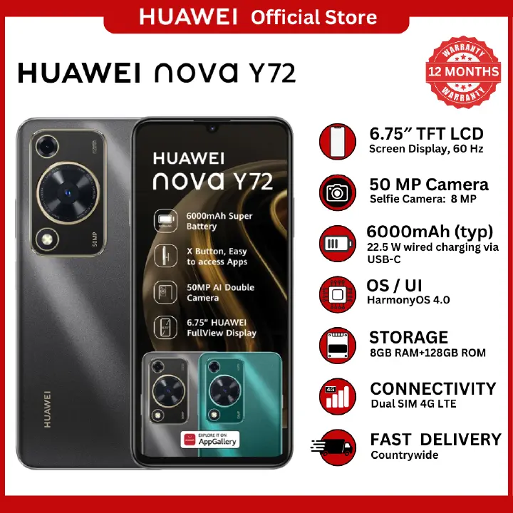 [Huawei Official] HUAWEI nova Y72 Smartphone  – 6.75" HD+ Display, 8GB RAM, 128GB Storage, 50MP Triple Camera, 6000mAh Battery, 22.5W Fast Charging, Side Fingerprint, Dual SIM, EMUI
