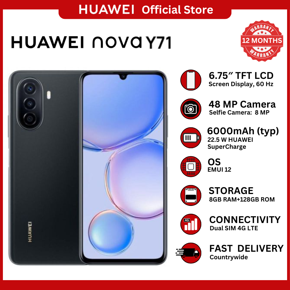 [Huawei Official] HUAWEI nova Y71  Smartphone, 6.75" HUAWEI FullView Display, 6000 mAh Large Battery, 22.5W HUAWEI SuperCharge, 8GB+128GB, 48 MP triple AI camera, EMUI 12,