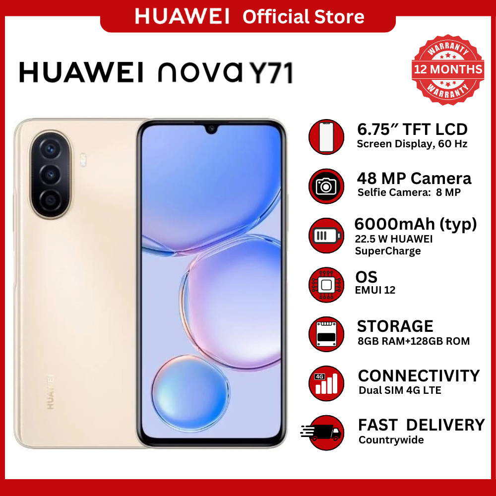 [Huawei Official] HUAWEI nova Y71  Smartphone, 6.75" HUAWEI FullView Display, 6000 mAh Large Battery, 22.5W HUAWEI SuperCharge, 8GB+128GB, 48 MP triple AI camera, EMUI 12,