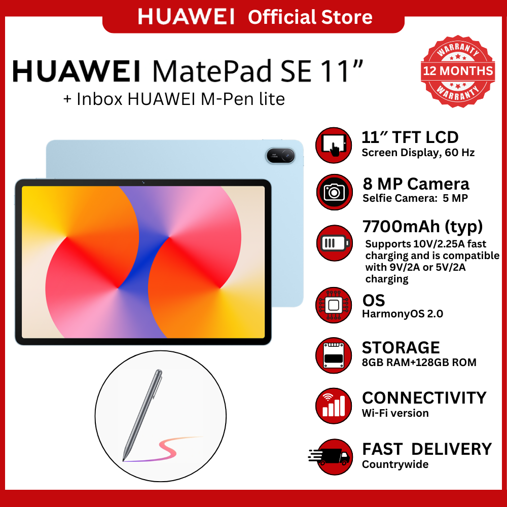 [Huawei Official] HUAWEI MatePad SE 11 Wi-Fi Tablet – 11" FHD Display, 8GB RAM, 128GB Storage, EMUI 14, 7700mAh Battery, 8MP Rear & 5MP Front Camera, USB-C, Metal Body – Includes M-Pen Lite Stylus