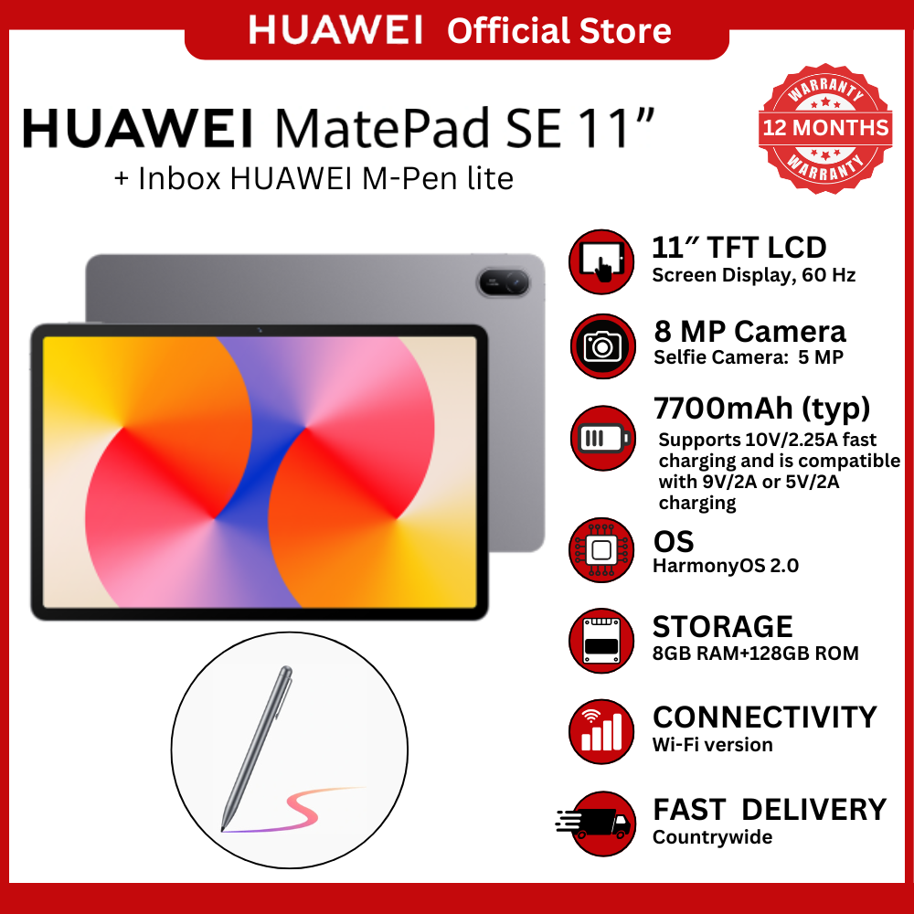 [Huawei Official] HUAWEI MatePad SE 11 Wi-Fi Tablet – 11" FHD Display, 8GB RAM, 128GB Storage, EMUI 14, 7700mAh Battery, 8MP Rear & 5MP Front Camera, USB-C, Metal Body – Includes M-Pen Lite Stylus