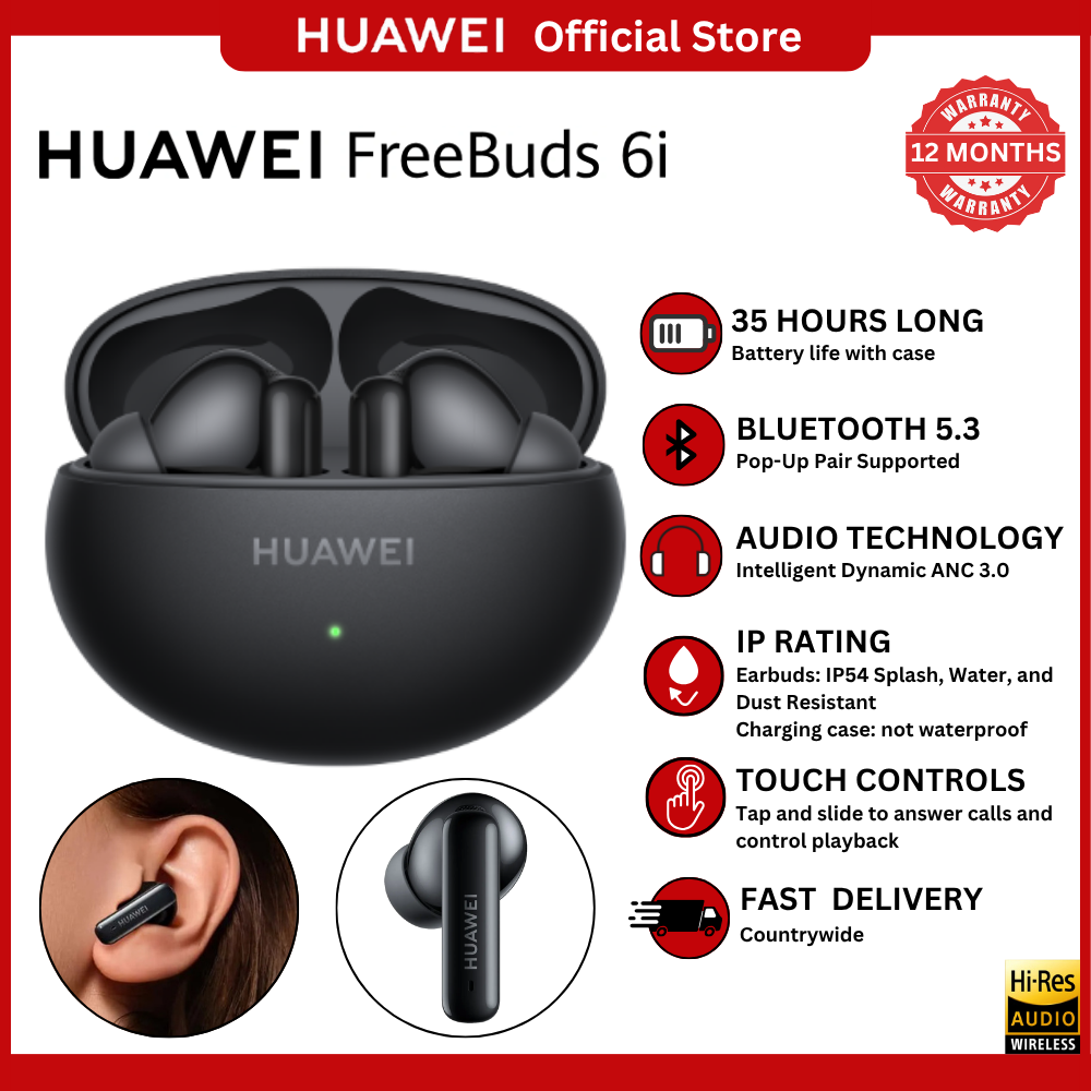 [Huawei Official]Huawei FreeBuds 6i(Orca-T100) wireless earbuds with Bluetooth 5.3,adaptive ANC,11mm dynamic drivers,IP54 rating &35h battery life with fast-charging case.Available in Black and White