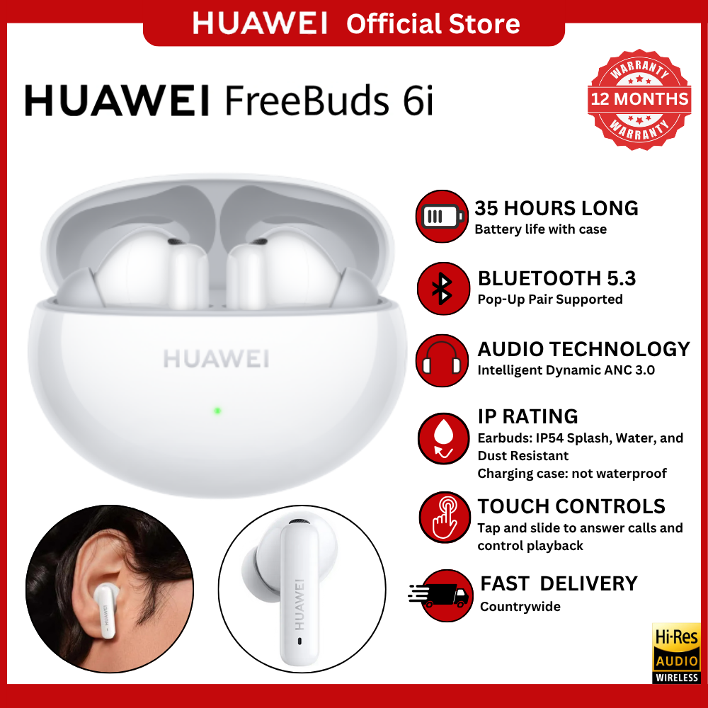[Huawei Official]Huawei FreeBuds 6i(Orca-T100) wireless earbuds with Bluetooth 5.3,adaptive ANC,11mm dynamic drivers,IP54 rating &35h battery life with fast-charging case.Available in Black and White