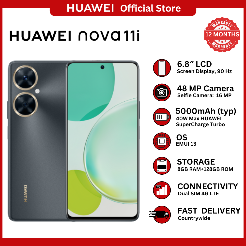 [Huawei Official] Huawei Nova 11i Smartphone 6.8 inches, 8GB RAM 128 GB ROM Dual SIM, Battery 5000 mAh, with a speed of 40W, Fingerprint (side-mounted), Splash and dust resistant.