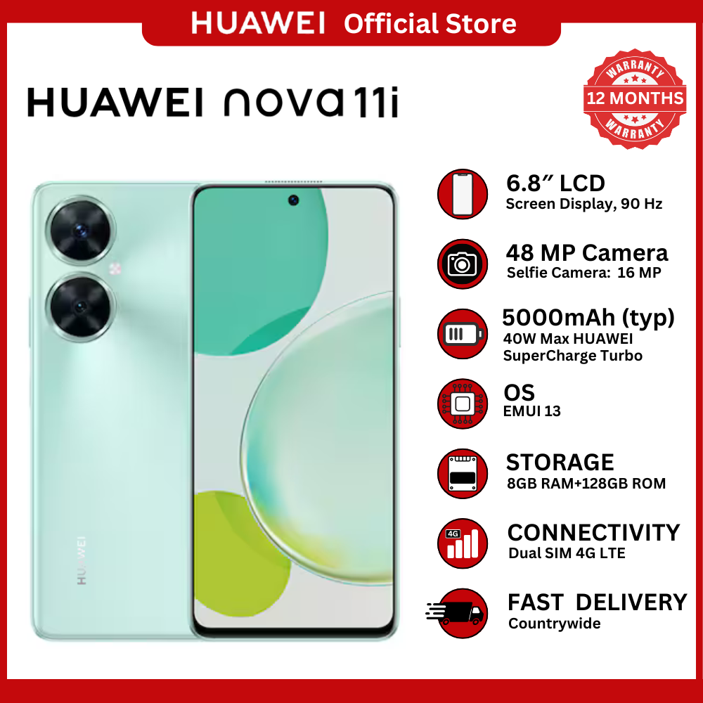 [Huawei Official] Huawei Nova 11i Smartphone 6.8 inches, 8GB RAM 128 GB ROM Dual SIM, Battery 5000 mAh, with a speed of 40W, Fingerprint (side-mounted), Splash and dust resistant.