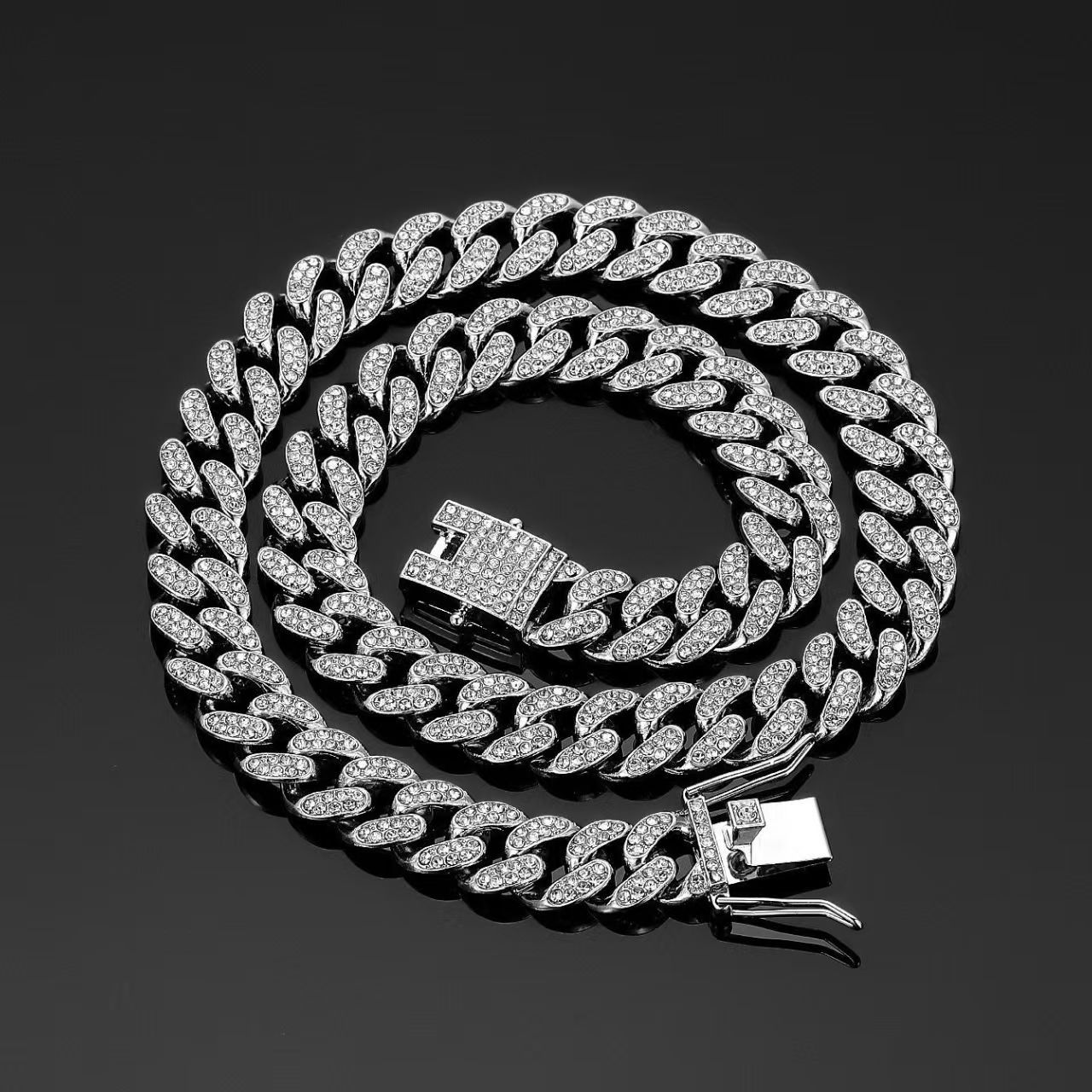 1pcs luxury chain jewellery miami cuban chain link necklace gift bracelet rapper hip hop dangles men /women bling bling iced out chain necklace link for man/woman fashion jewelry accessories silver