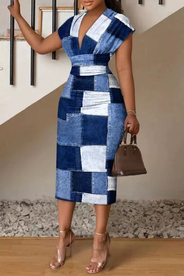 Autumn New Cross border Women's Clothing Amazon AliExpress Printed V-neck Long Dress with High Waist and Hip Wrap denim