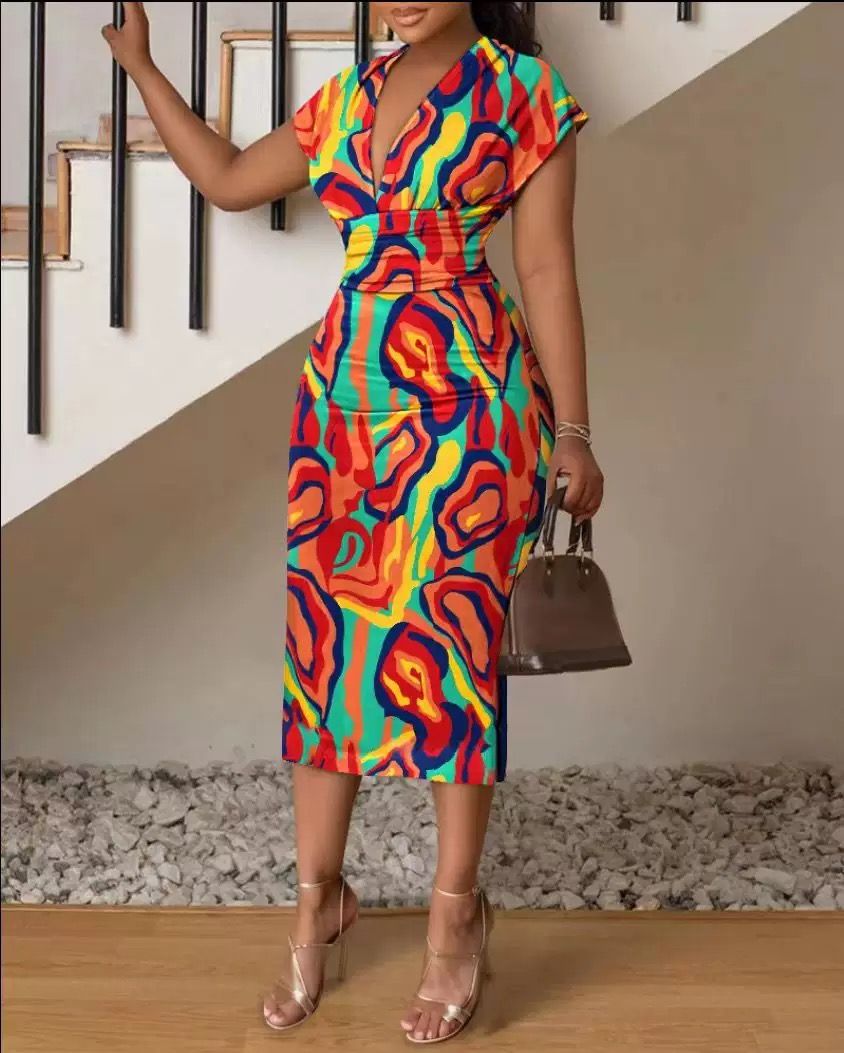Autumn New Cross border Women's Clothing Amazon AliExpress Printed V-neck Long Dress with High Waist and Hip Wrap denim