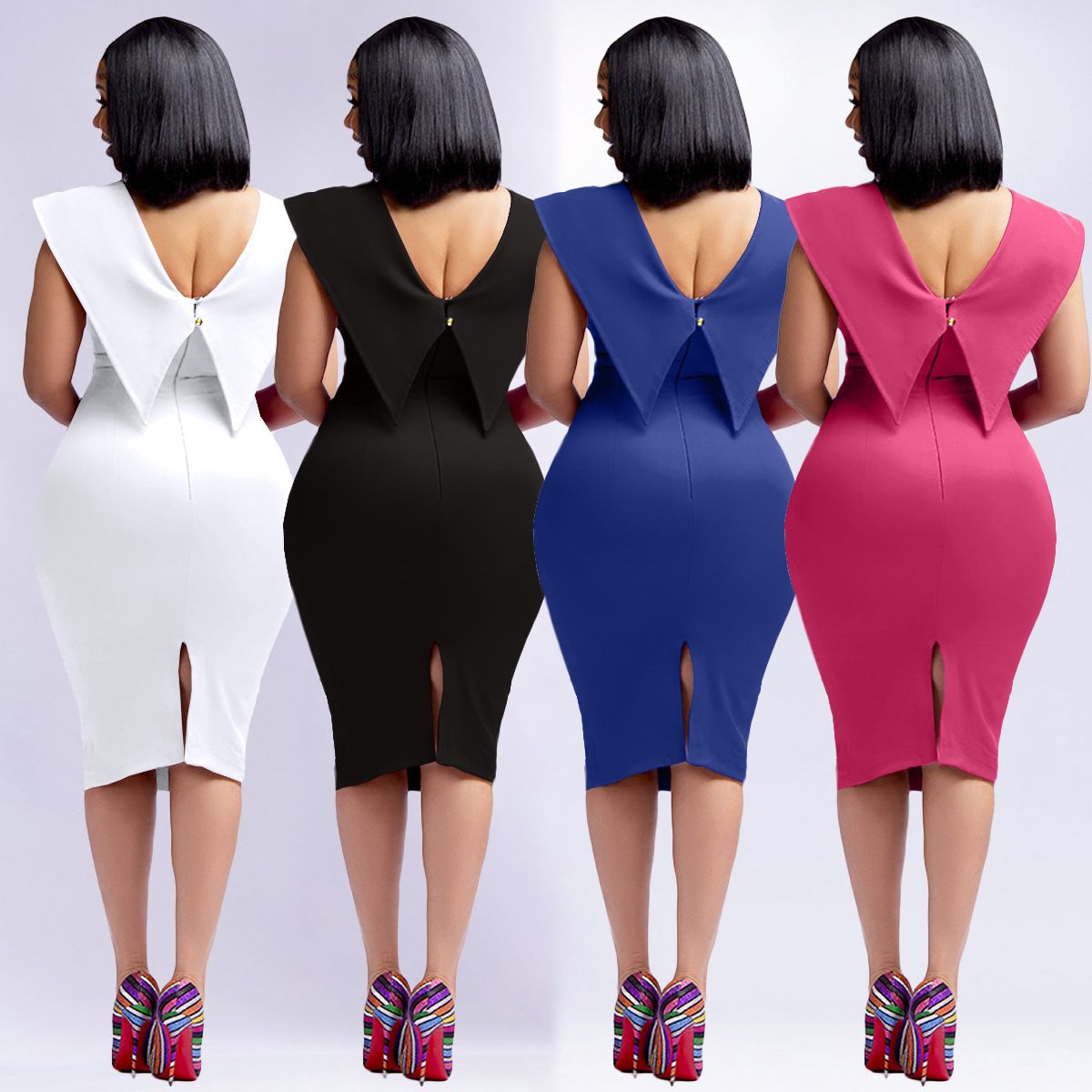 Amazon European and American women's Office dress sleeveless square collar back zipper split dress