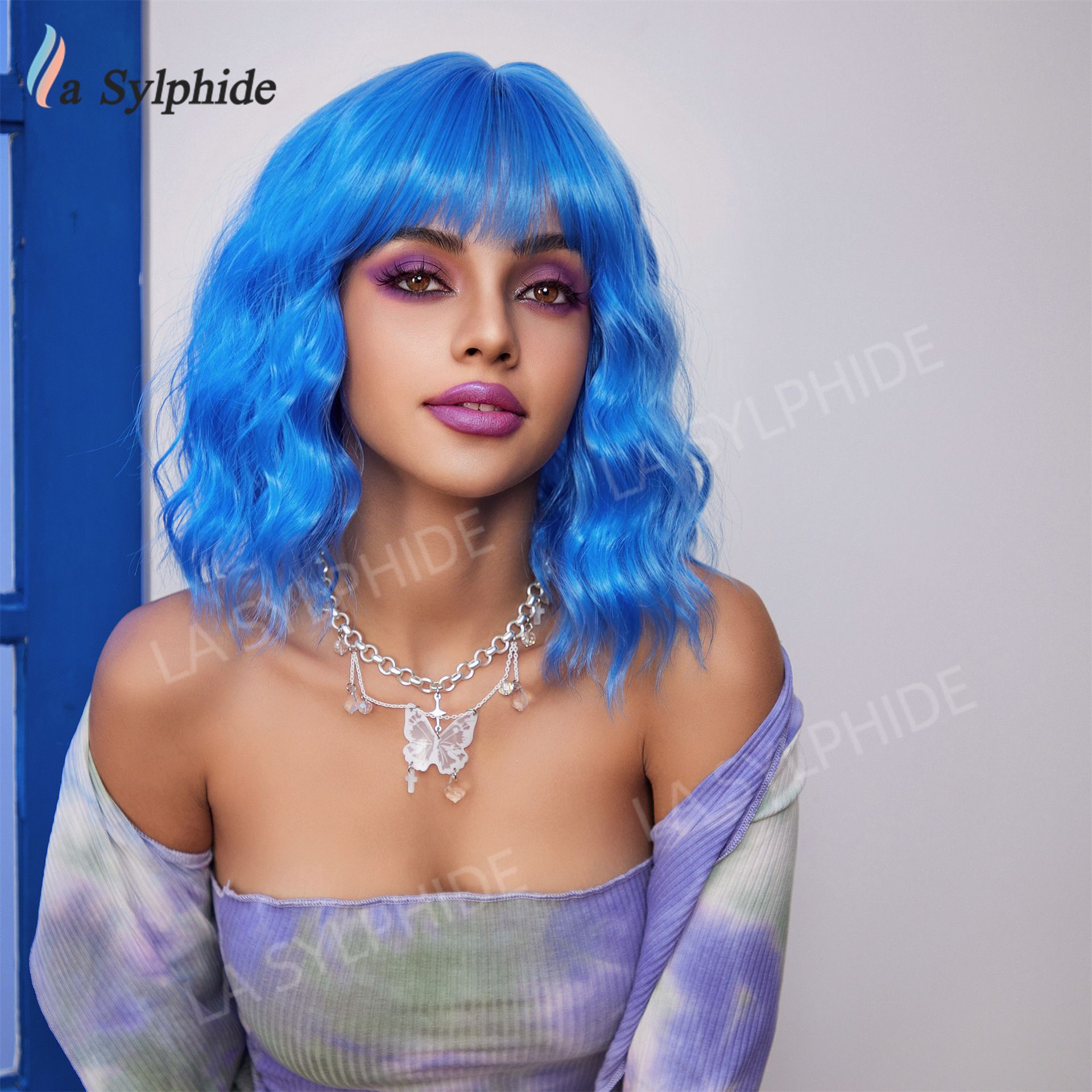 Cross border wig for women with short hair, blue Halloween, Amazon European and American wig, bangs wig, full head cover mechanism