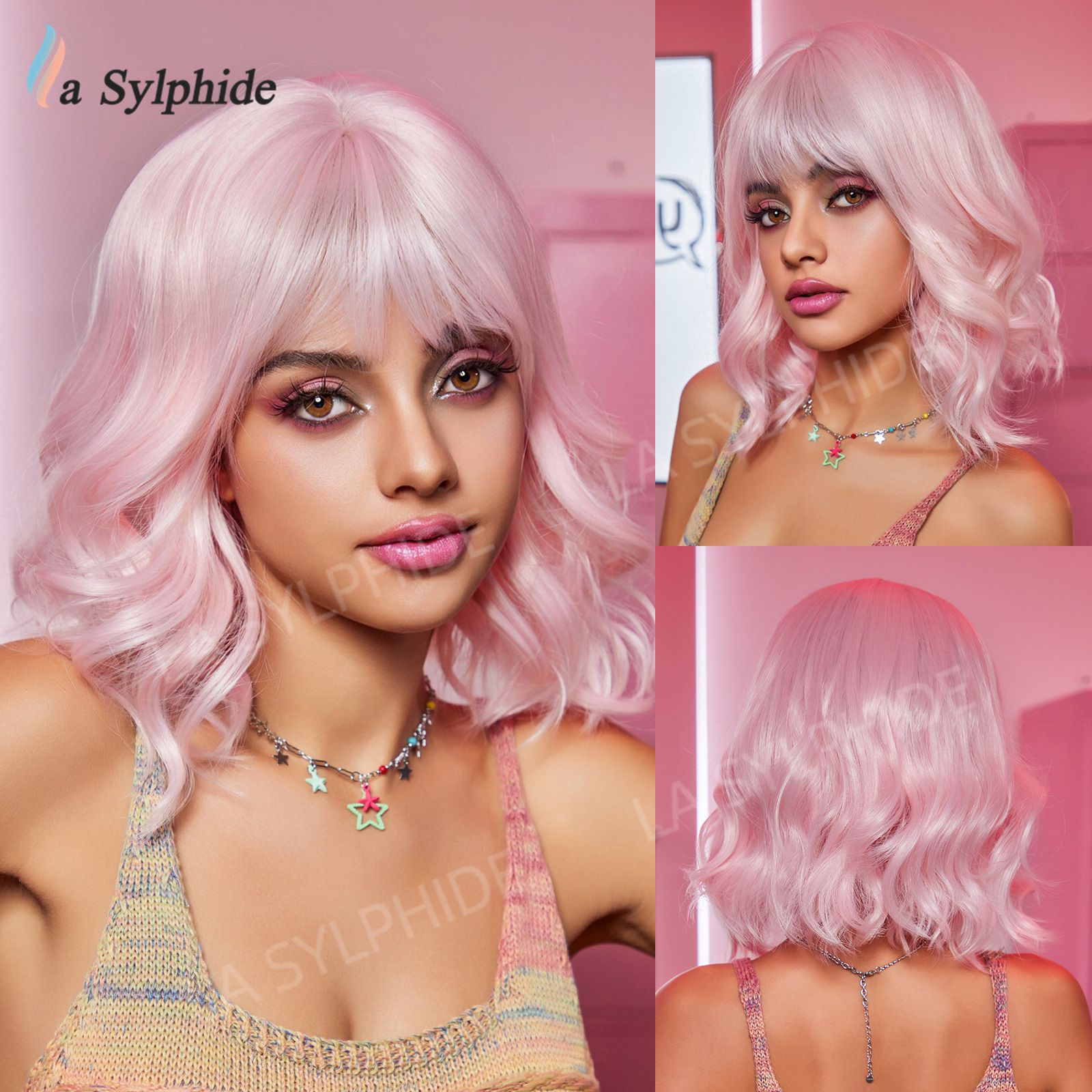 Cross border wig for women with short hair, blue Halloween, Amazon European and American wig, bangs wig, full head cover mechanism