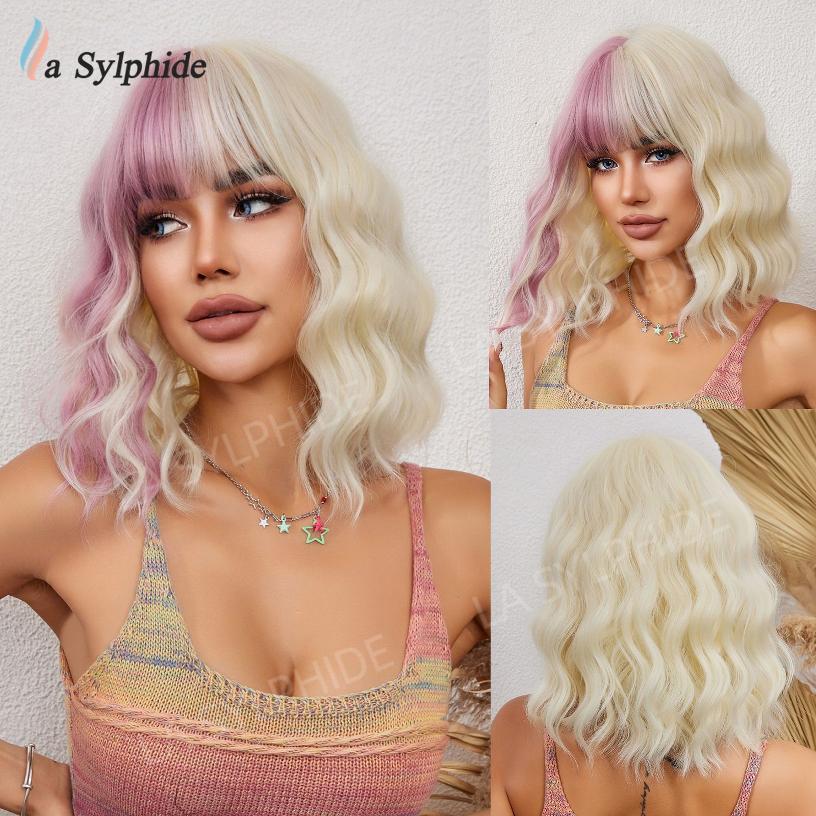 Cross border wig for women with short hair, blue Halloween, Amazon European and American wig, bangs wig, full head cover mechanism