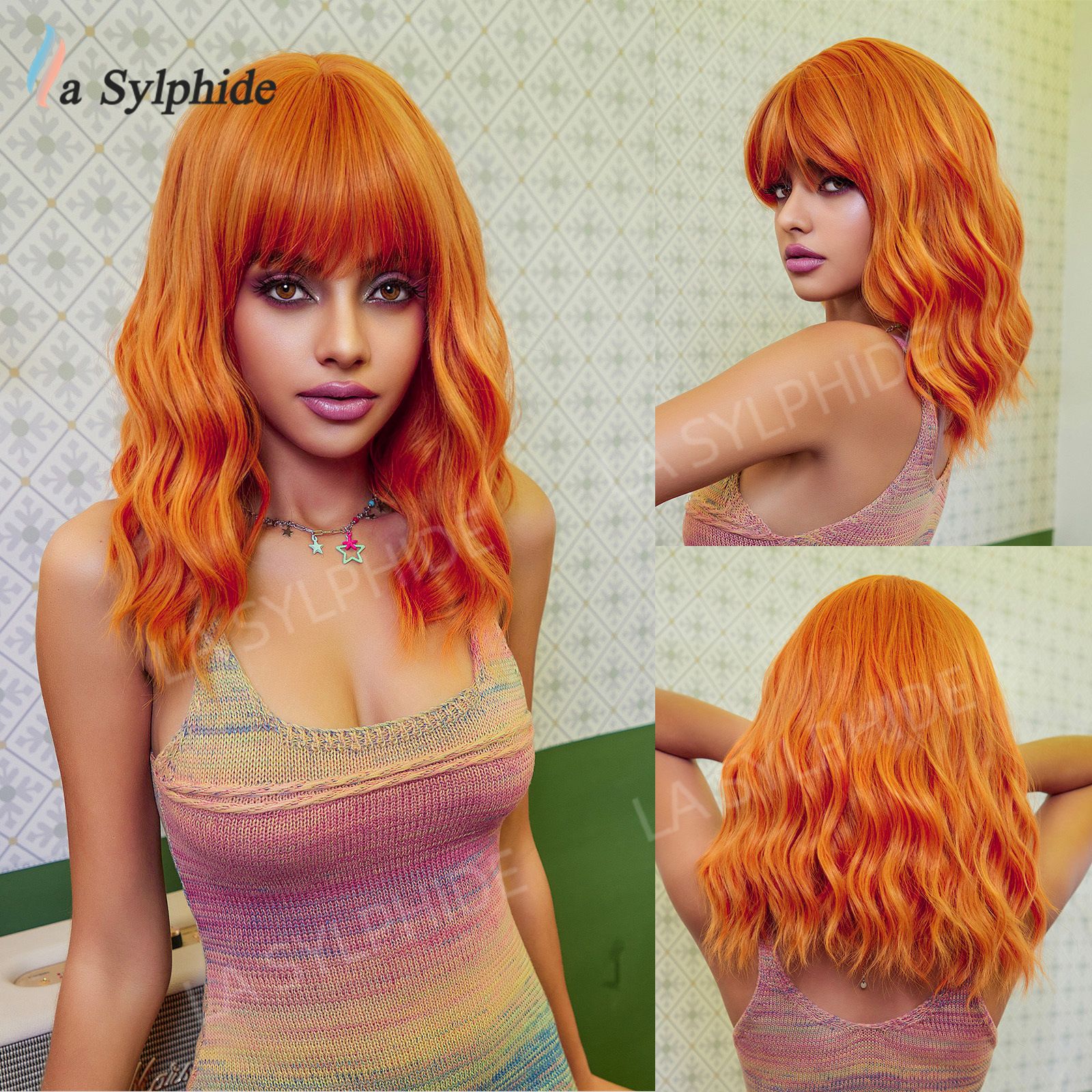 Cross border wig for women with short hair, blue Halloween, Amazon European and American wig, bangs wig, full head cover mechanism