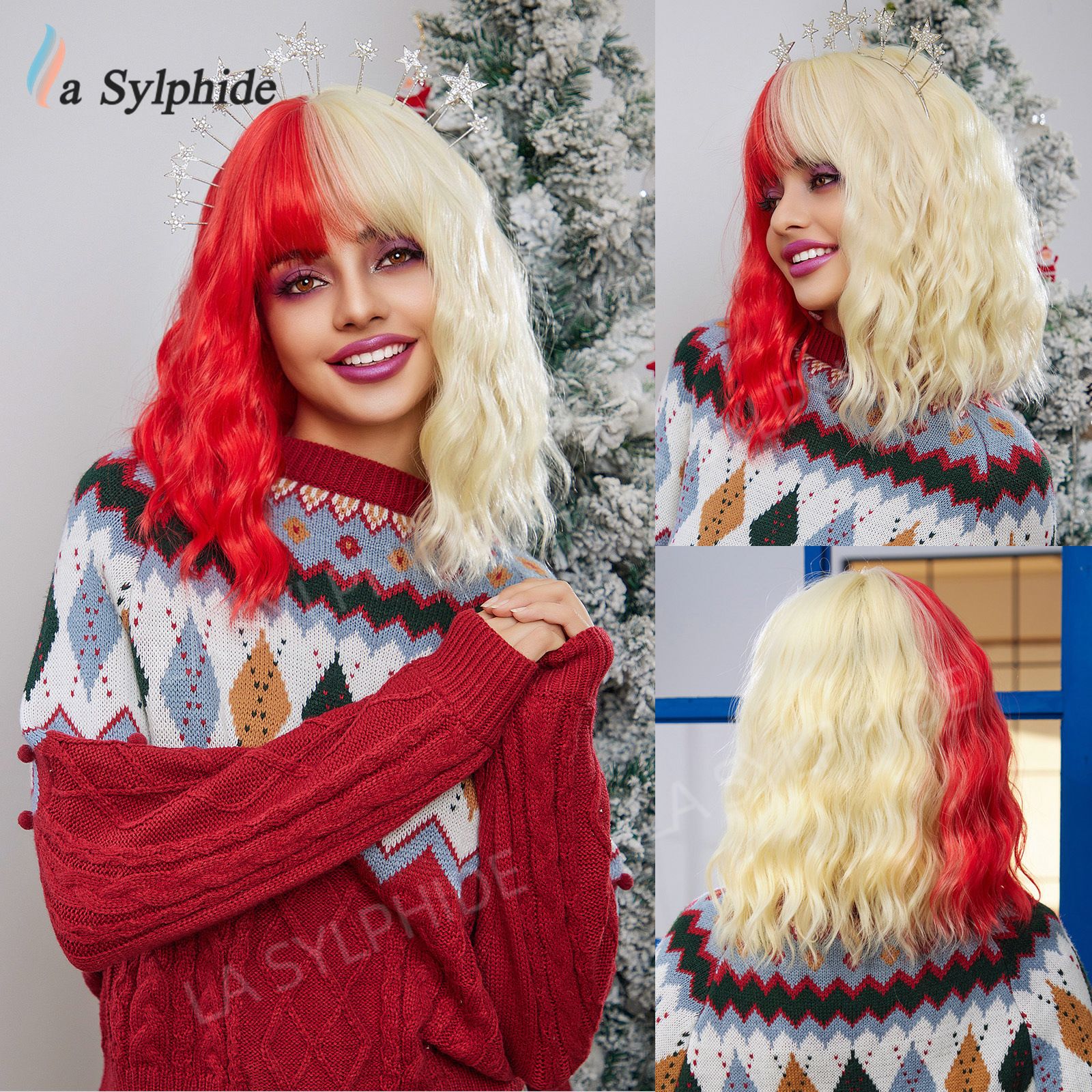 Cross border wig for women with short hair, blue Halloween, Amazon European and American wig, bangs wig, full head cover mechanism