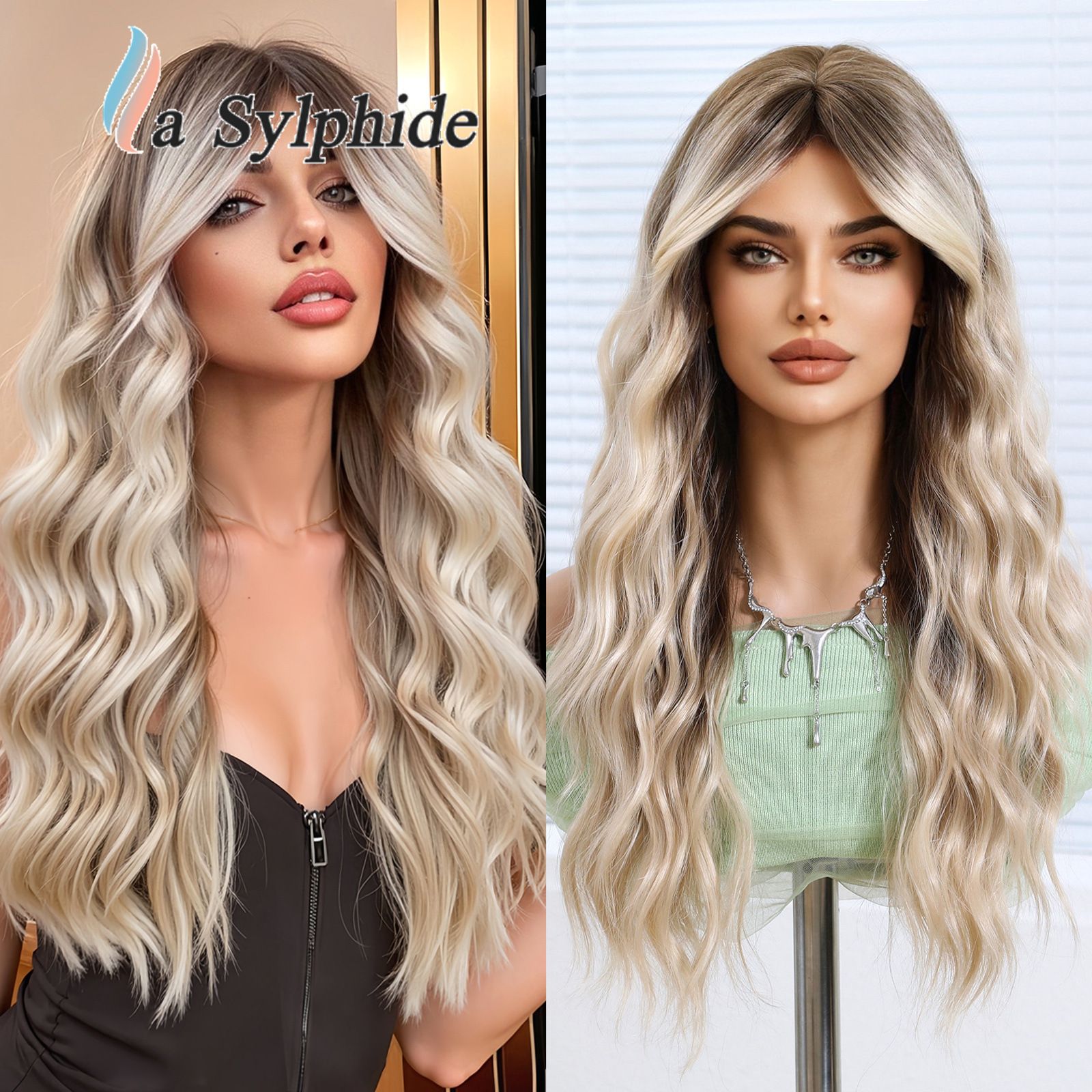 Wig, full head cover, female figure, bangs, full top, imitation human hair, water ripple, long curly hair