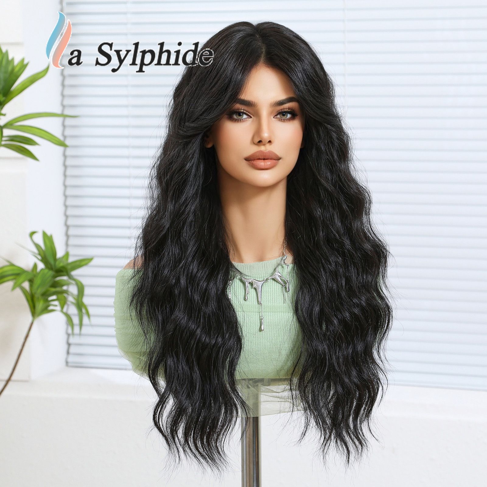 Wig, full head cover, female figure, bangs, full top, imitation human hair, water ripple, long curly hair