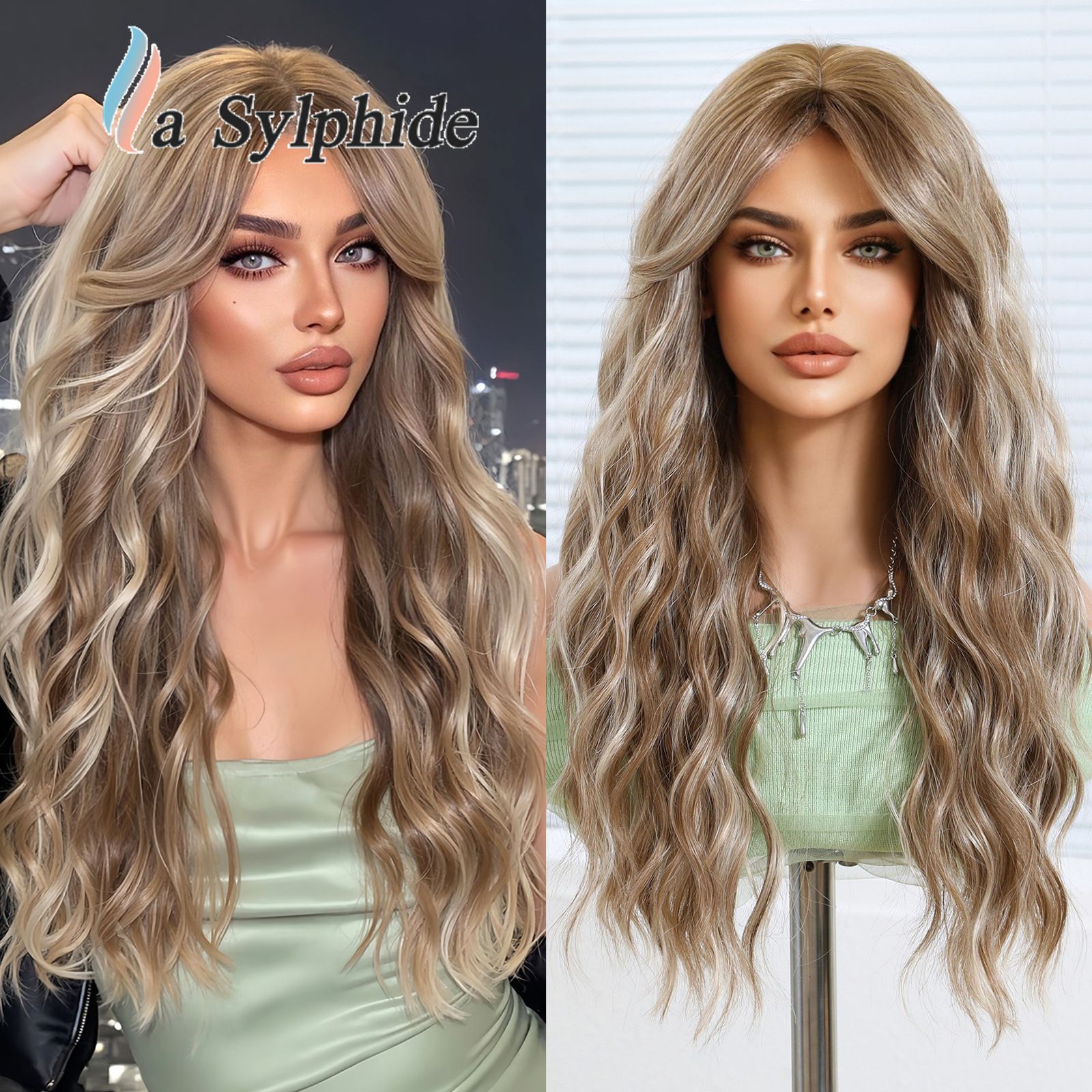 Wig, full head cover, female figure, bangs, full top, imitation human hair, water ripple, long curly hair