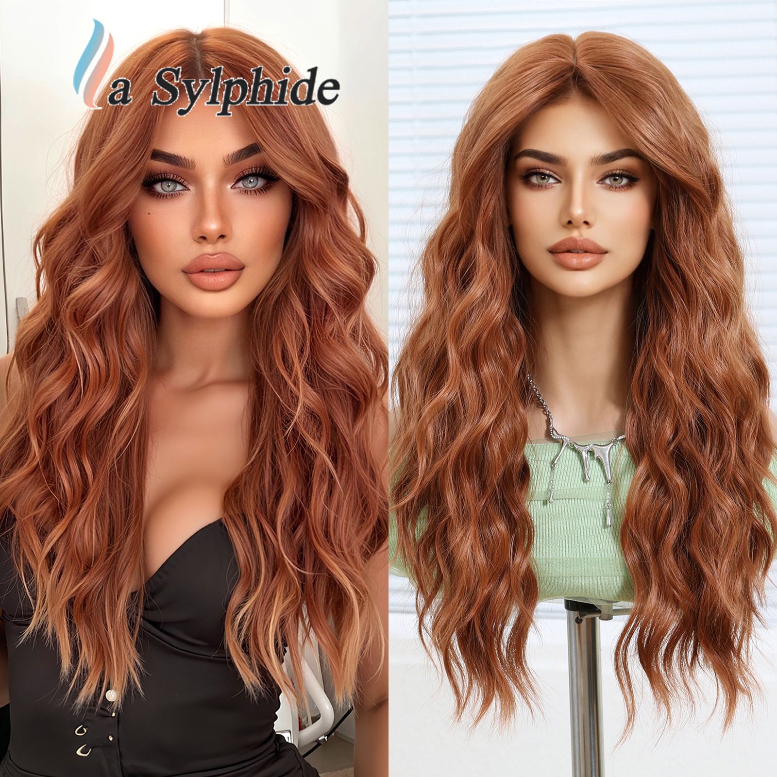 Wig, full head cover, female figure, bangs, full top, imitation human hair, water ripple, long curly hair