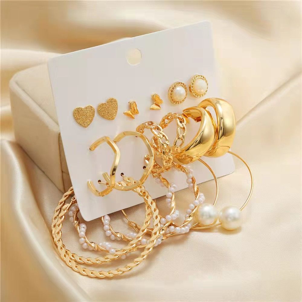 9 PIECES! Earrings Women's Fashion Accessories Jewellery 9pcs/Set Women Earrings Rhinestone & Pearl Ear Piercing Nine Different Styles Stunning Earrings Set For Girls Gold one size