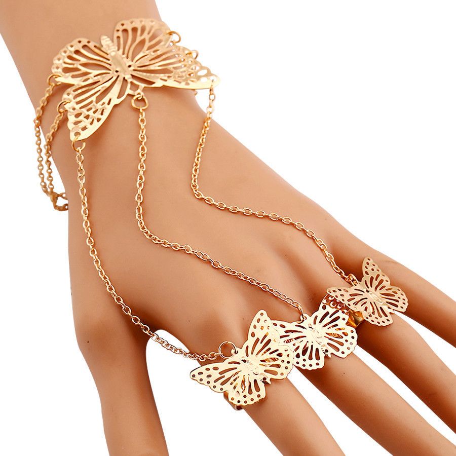 Women's Hollow-Out Bracelet & Butterfly Ring One-Piece Chain Set Golden One Size-Adjustable