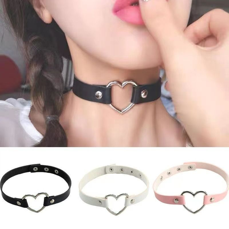 Punk Nightclub Soft Girl Black PU Leather Heart Choker B 35-40cm