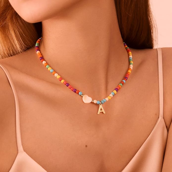 Colorful Initial Cute Necklaces for Girls - Trendy Beaded Choker Necklace for Women Teen Girl, Personalized Letter Initial Gifts for Women Kids Jewelry A ALL ONE