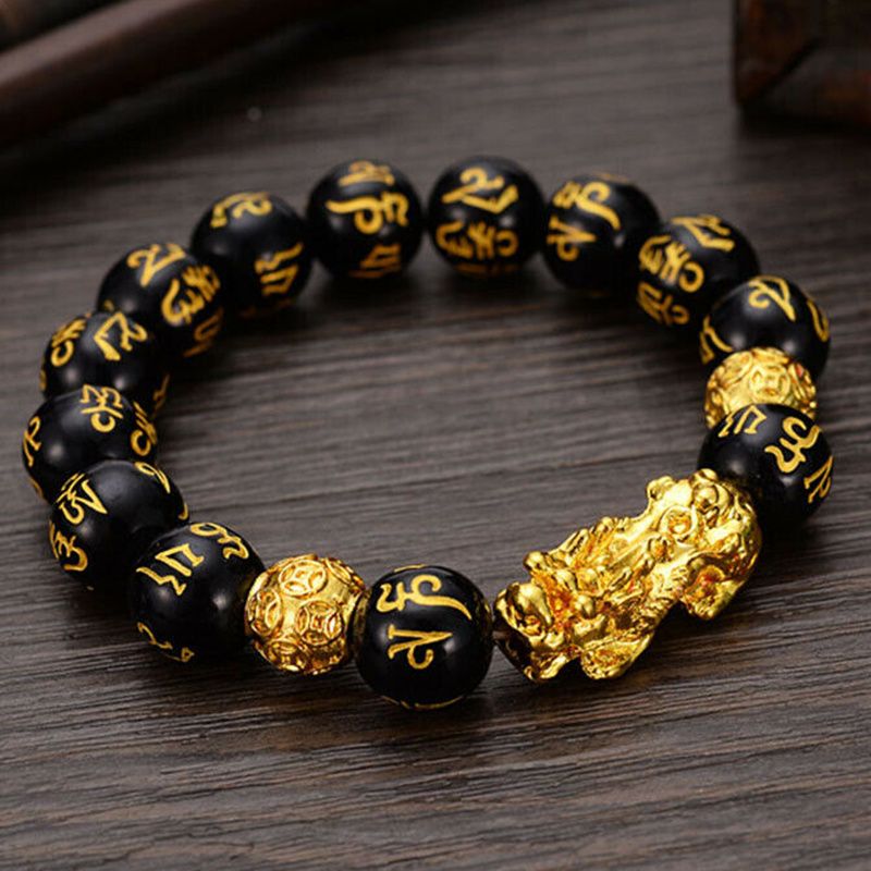 Feng Shui Obisidian Stone Beads Bracelet Men Women Wristband Gold Color Pixiu Black Six Character Proverbs Wealth and Good Luck as picture one size