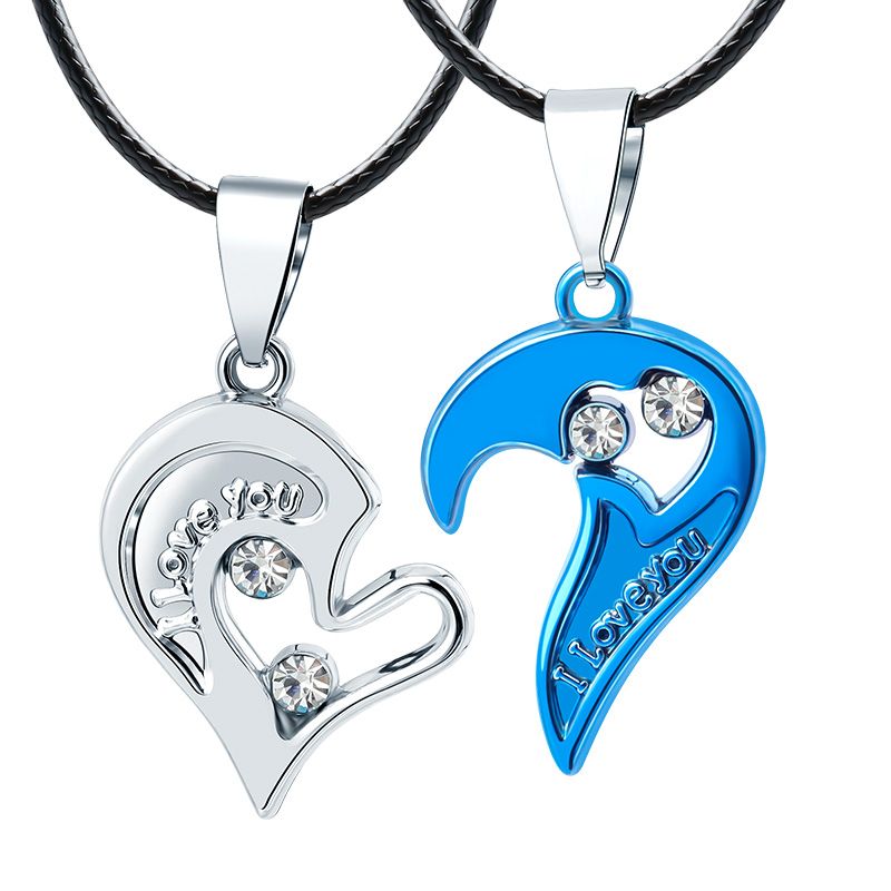 2Pcs/Set Couple Heart Shape I Love You Pendant Necklace Lovers Couples Jewelry Valentine's Gift，Fashion Couple Necklace Jewelry Unisex Lovers Couples Necklaces & Pendants Blue+silver as picture