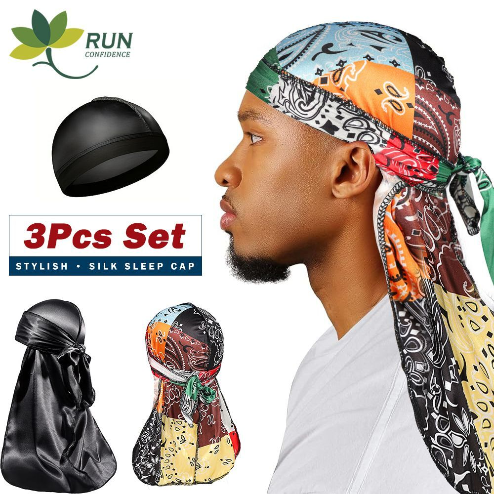 3 Pcs Silk Silky Durag Set for Men and Women Waves Doo Rag Long Tail Headwrap Silky Wave Durag Chemo Cap Satin Doo Rag for 360 Waves 3pcs one size