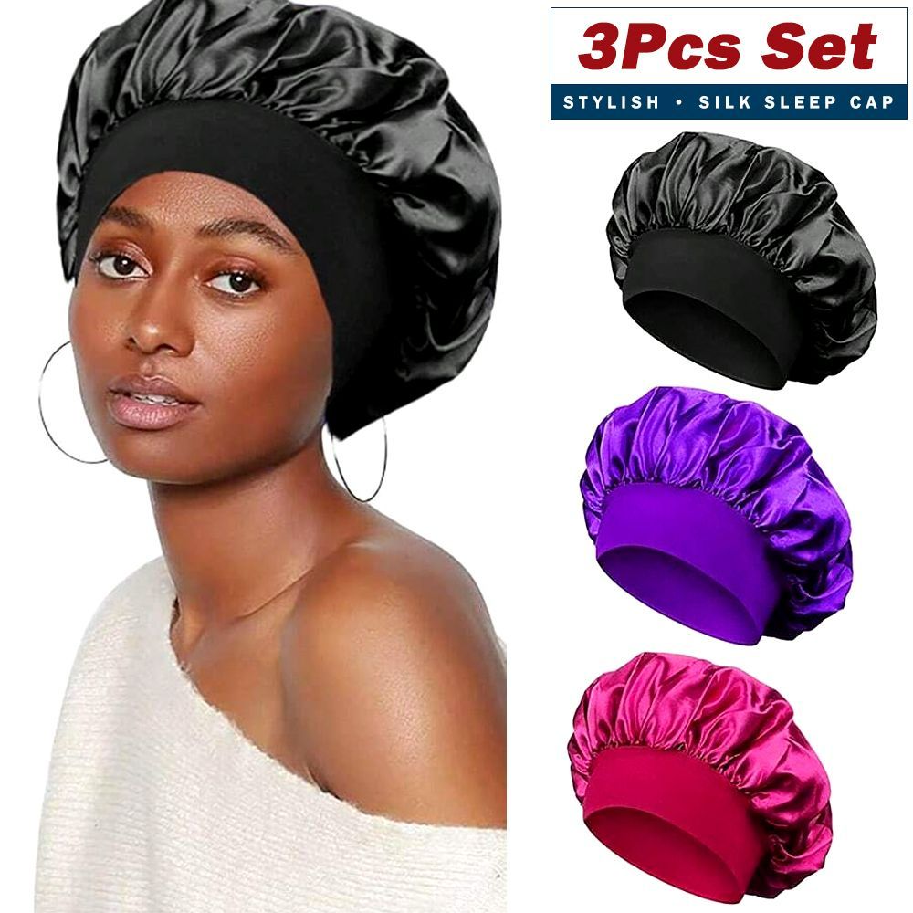 3Pcs Satin Bonnet Silk Hat Hair Bonnet Sleeping Elastic Wide Band Silk Sleep Cap Soft Breathable Silk Hair Wrap Sleeping Headwraps Black+Purple+Red one size