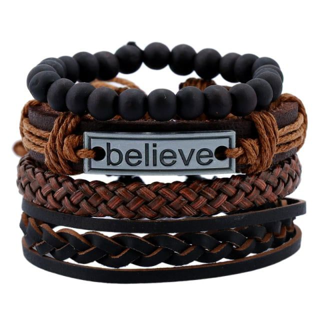 4pcs/ Set Black Believe Bracelets for Men Bangle Adjustable Length Bohemia Holiday Male Jewelry Punk Black one size