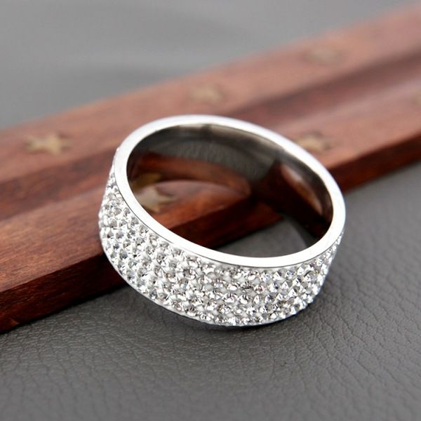 The five row diamond ring full diamond drill stainless steel diamond lovers ring Silver Ring Size:6