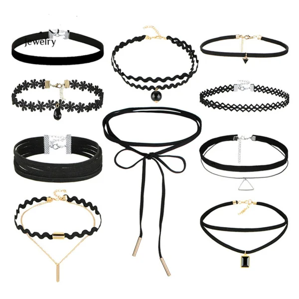 10 PCS/Set New Gothic Tattoo Hollow Out Black Lace Necklace Jewelry Set