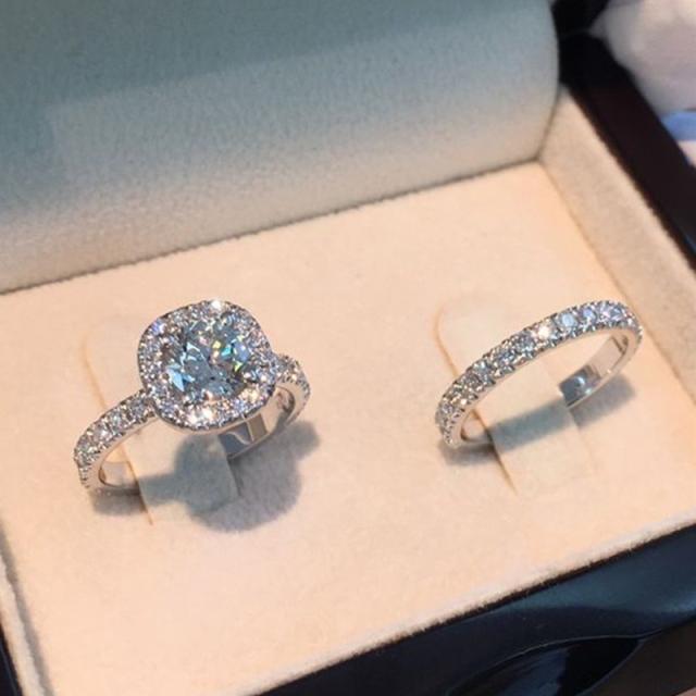 ❤️High quality ❤️2pc wedding engagement ring bridal ring square inlaid zircon ring jewelry couple set ring, ladies size 5-11 Silver 4
