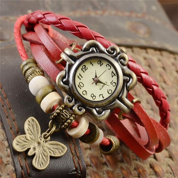 Unique Butterfly jewelry Watch Clock Women Vintage Retro Rivet Braided Bracelet Leather Strap Lady Bracelet Dress Watch Red One Size