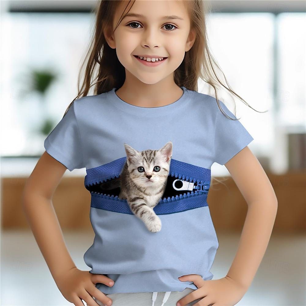 Children's short-sleeved 3D printed T-shirt cartoon kitten printed children's coat short-sleeved summer Light blue 100