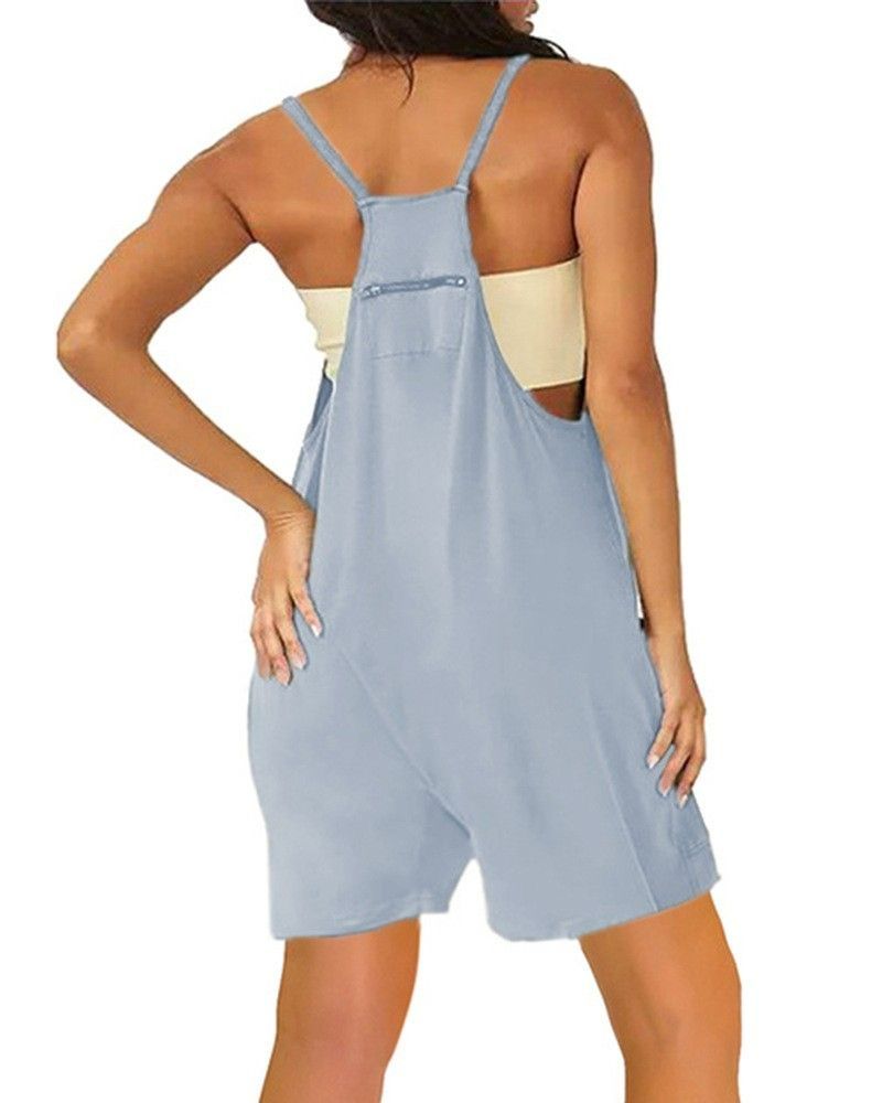 Womens Summer Casual Sleeveless Romper Loose Spaghetti Strap Overalls Shorts Jumpsuit with Pockets Black L