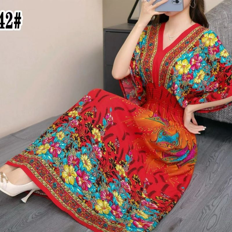 Cotton silk dress beach ethnic large size floral print seaside vacation bohemian fairy dress long skirt Blue Standard size